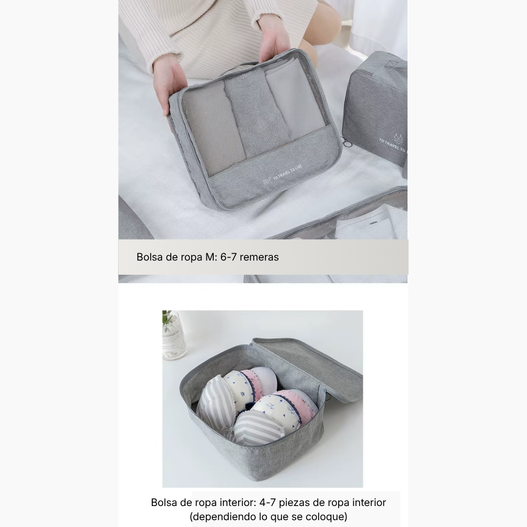Detalle de bolsos organizadores de valija Classic mostrando compartimentos | Hola Mundo Uruguay