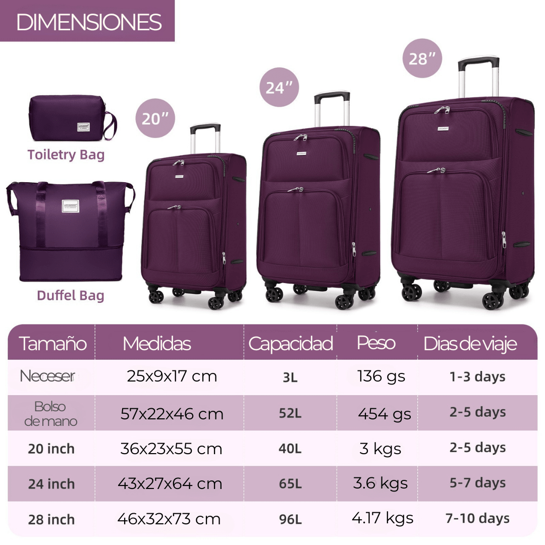 Set Completo Larvender Praga - 5 piezas de Tela (20", 24", 28" + Bolso + Neceser) (9895) - Hola mundo