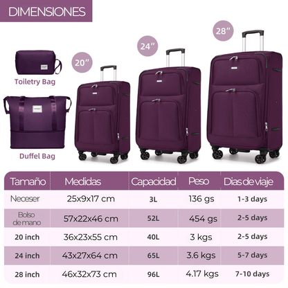 Set Completo Larvender Praga - 5 piezas de Tela (20", 24", 28" + Bolso + Neceser) (9895) - Hola mundo